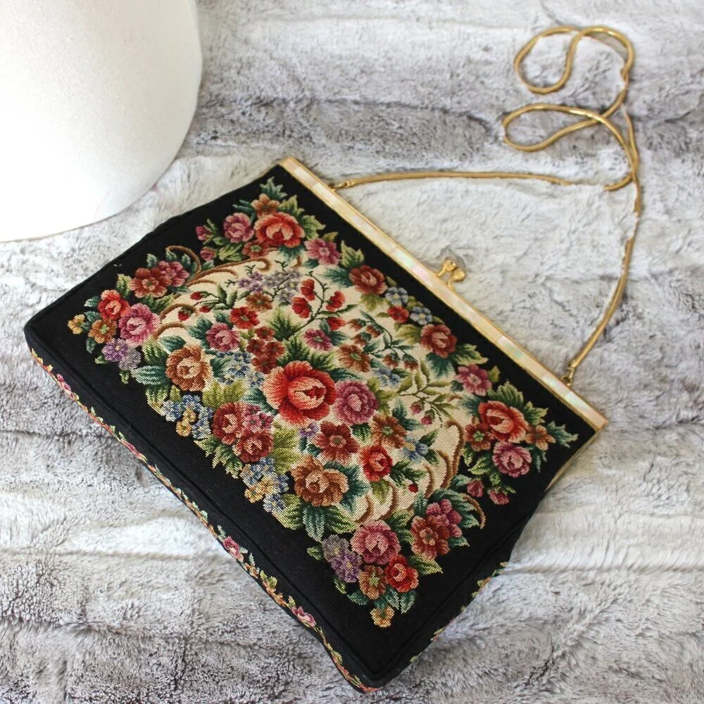 Vintage Style Petite Needlepoint Point Embroidery Handbag Gold Strap Purse